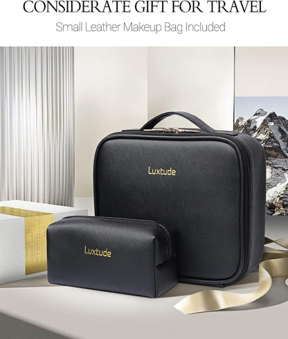 Leather Travel Makeup Train Case, Waterproof Makeup Bag Cosmetic Case Organizer, Large Cosmetic Makeup Case with Adjustable Dividers for Women Cosmetics Brushes Toiletry Jewelry Etc. (Black)