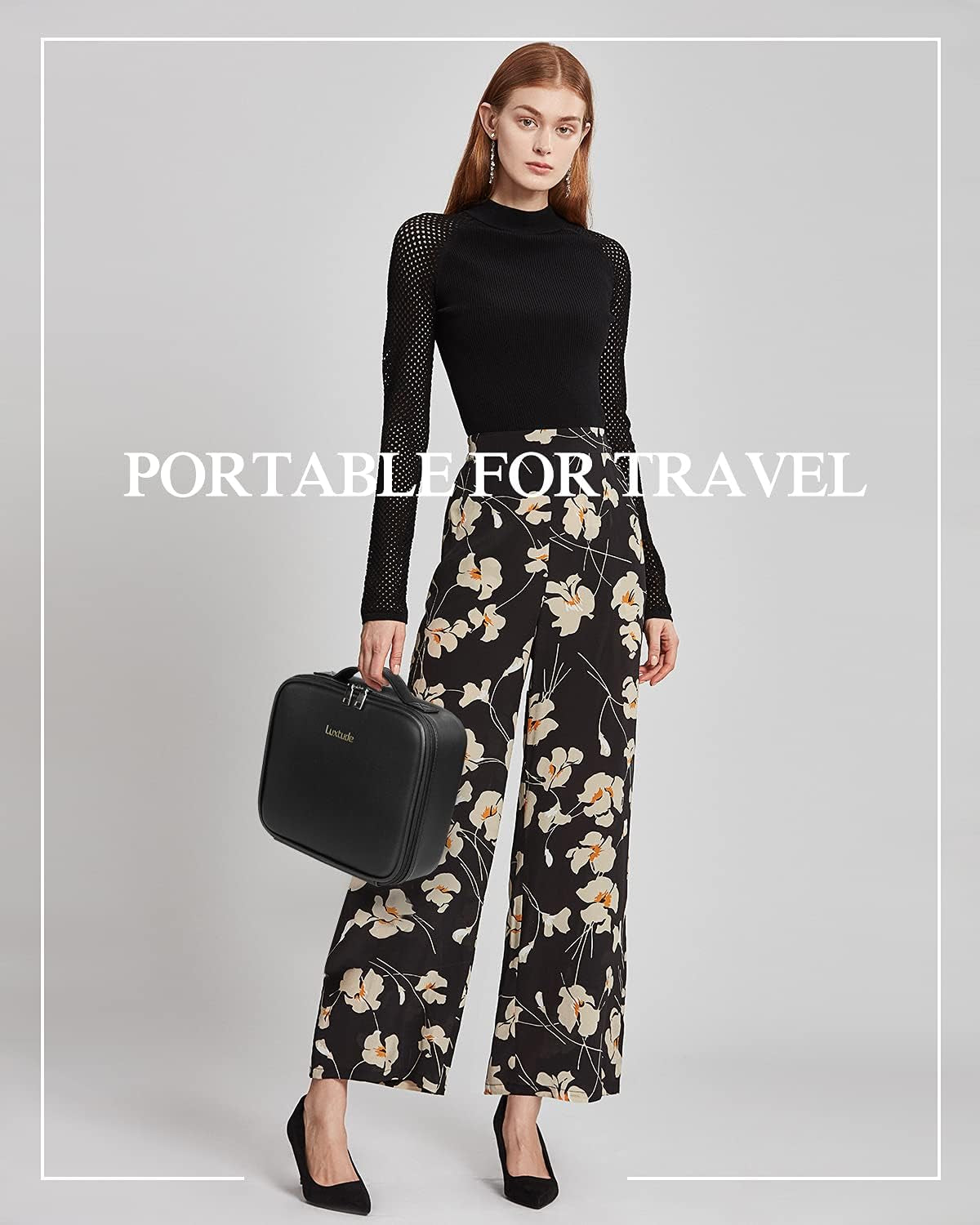 Leather Travel Makeup Train Case, Waterproof Makeup Bag Cosmetic Case Organizer, Large Cosmetic Makeup Case with Adjustable Dividers for Women Cosmetics Brushes Toiletry Jewelry Etc. (Black)